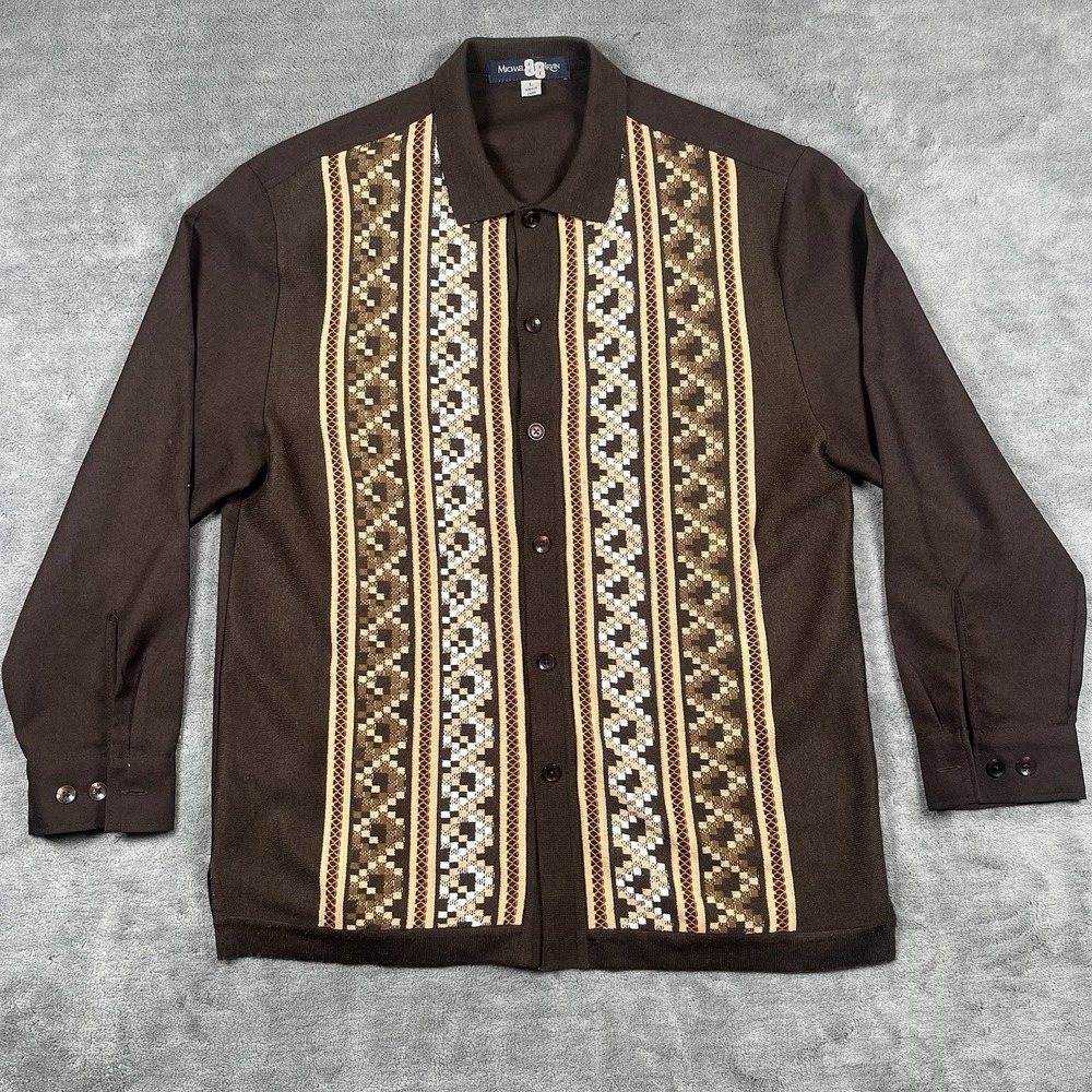 MICHAEL IRVIN 88 Men Vintage Brown Collared Knit Button Cardigan Shirt Sweater - Picture 2 of 11